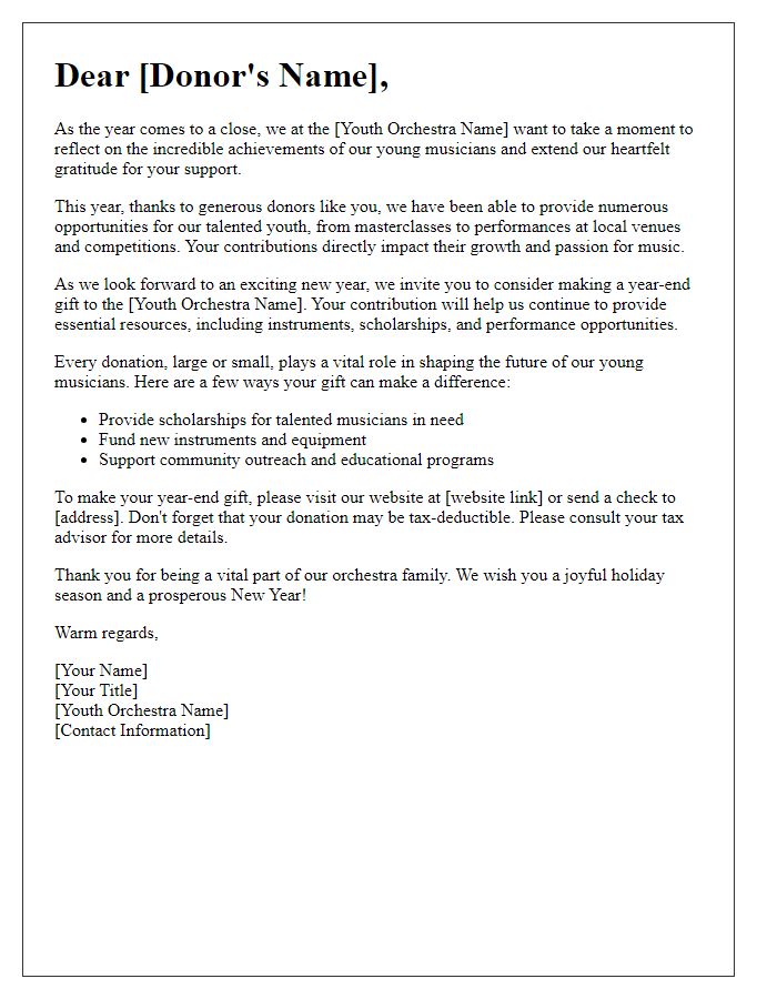 Letter template of a youth orchestra end-of-year giving letter