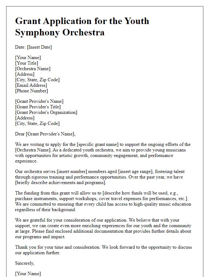 Letter template of a youth orchestra grant application