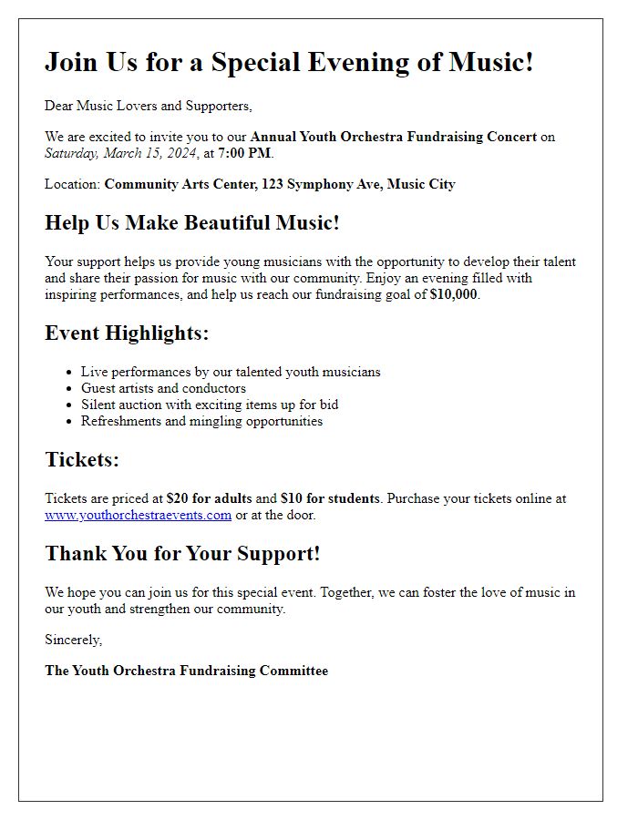 Letter template of a youth orchestra special event fundraising flyer