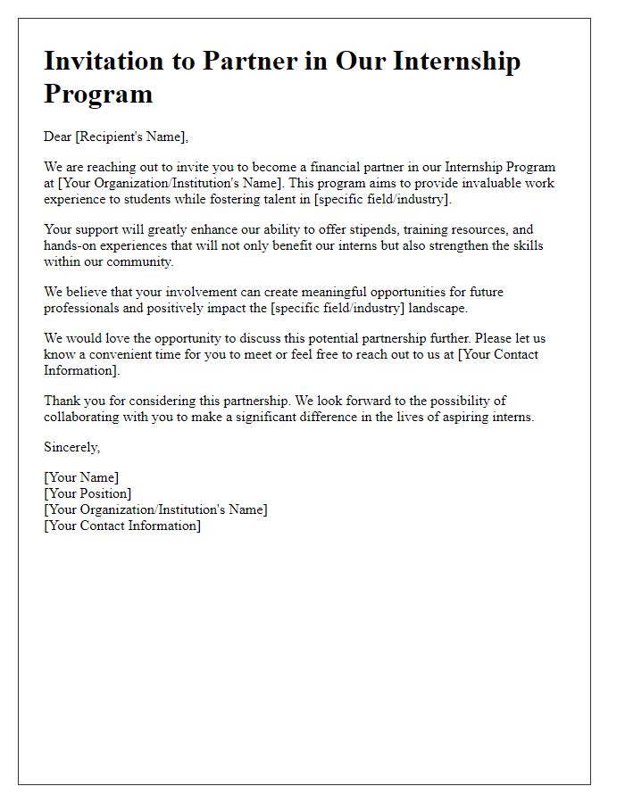 Letter template of internship program financial partnership invitation