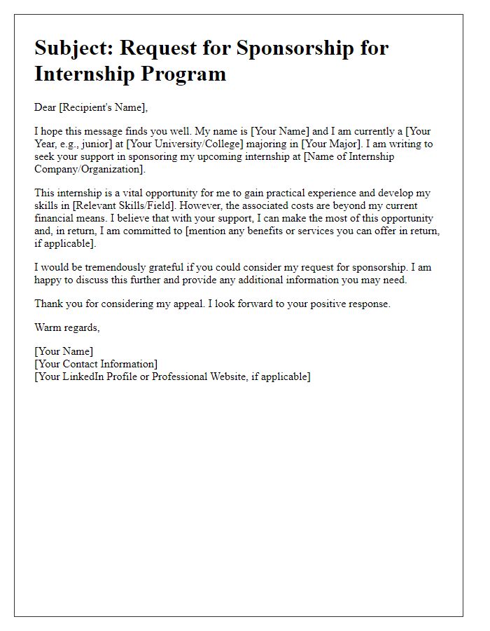 Letter template of internship program sponsorship appeal