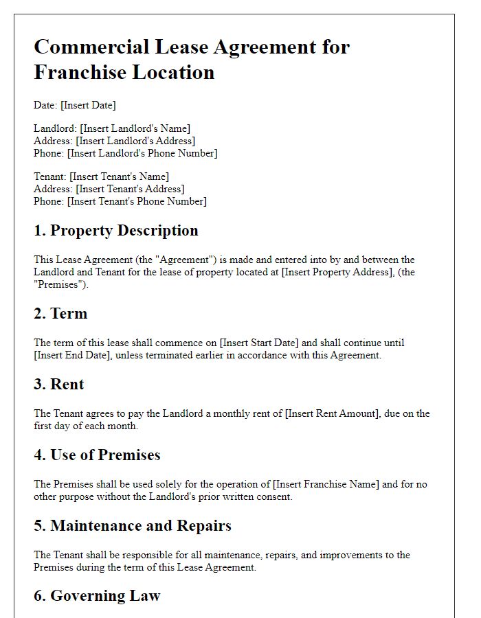 Letter template of commercial lease agreement for franchise location