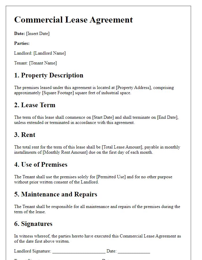 Letter template of commercial lease agreement for industrial facility