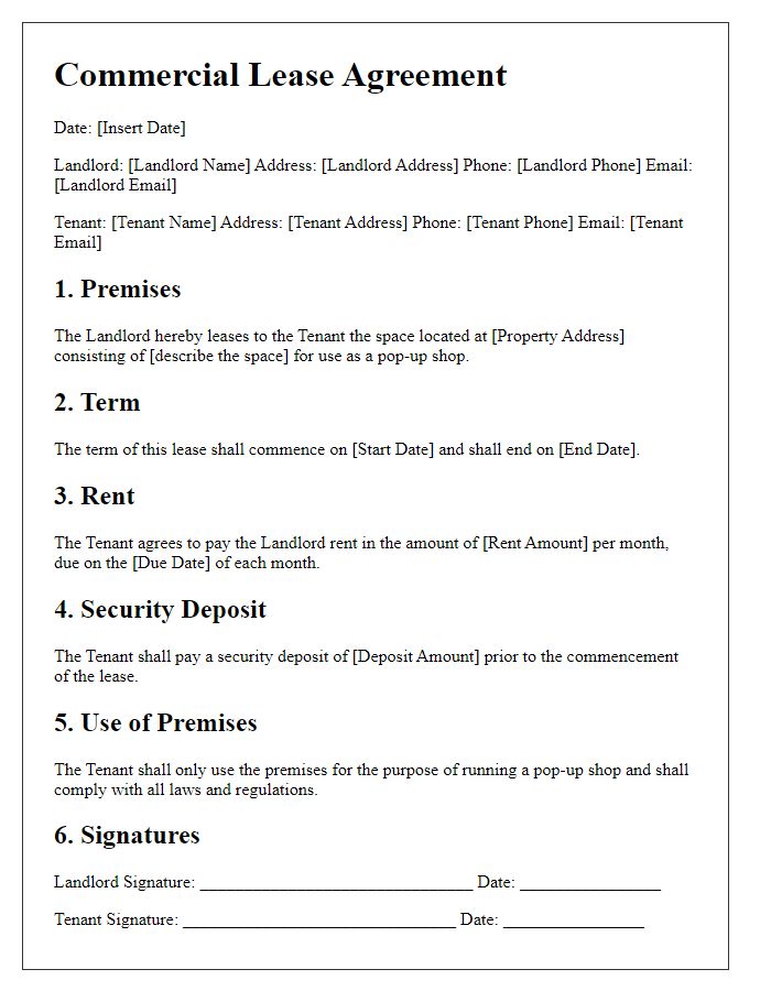 Letter template of commercial lease agreement for pop-up shop