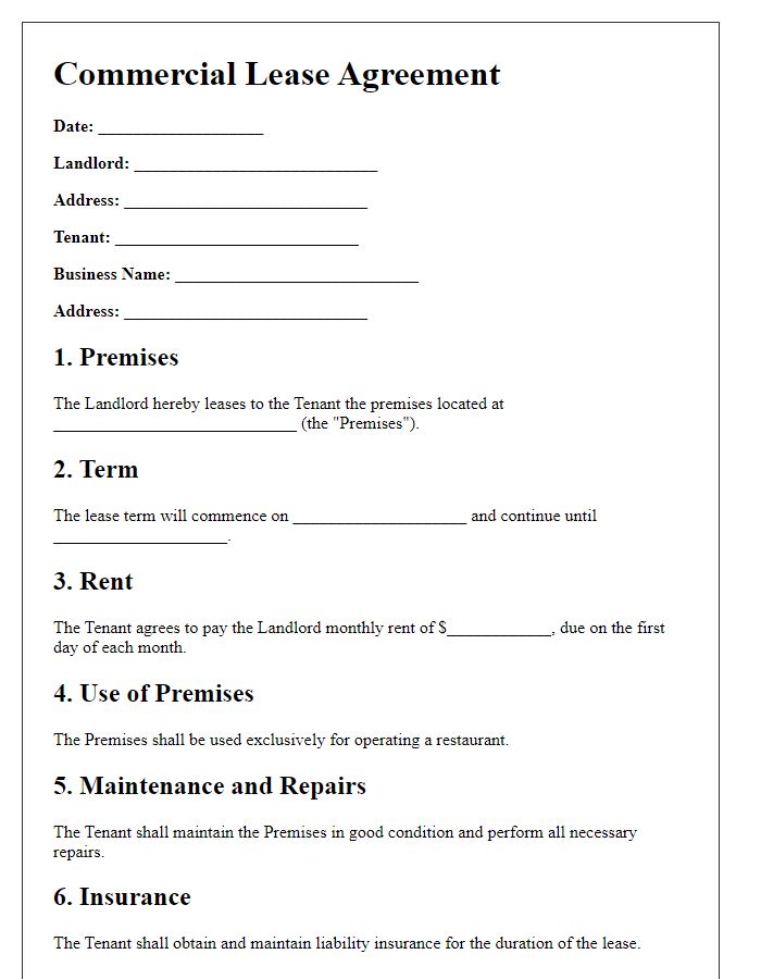 Letter template of commercial lease agreement for restaurant premises