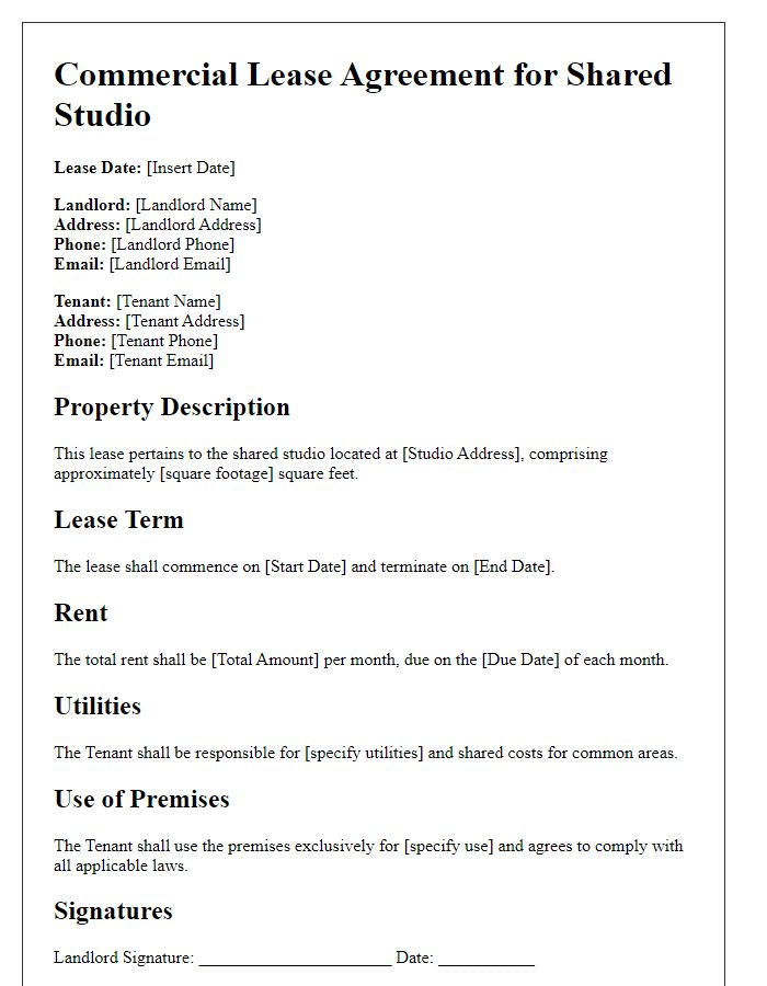 Letter template of commercial lease agreement for shared studio