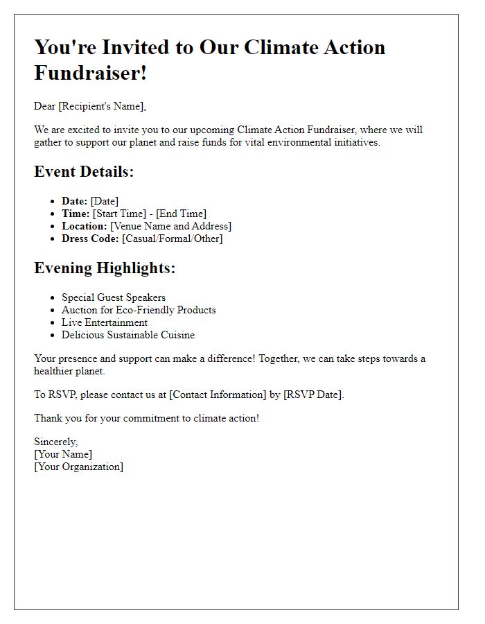 Letter template of event details for climate action fundraiser