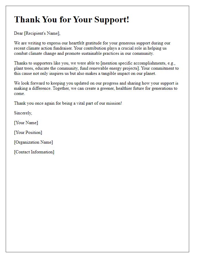 Letter template of gratitude for climate action fundraiser support