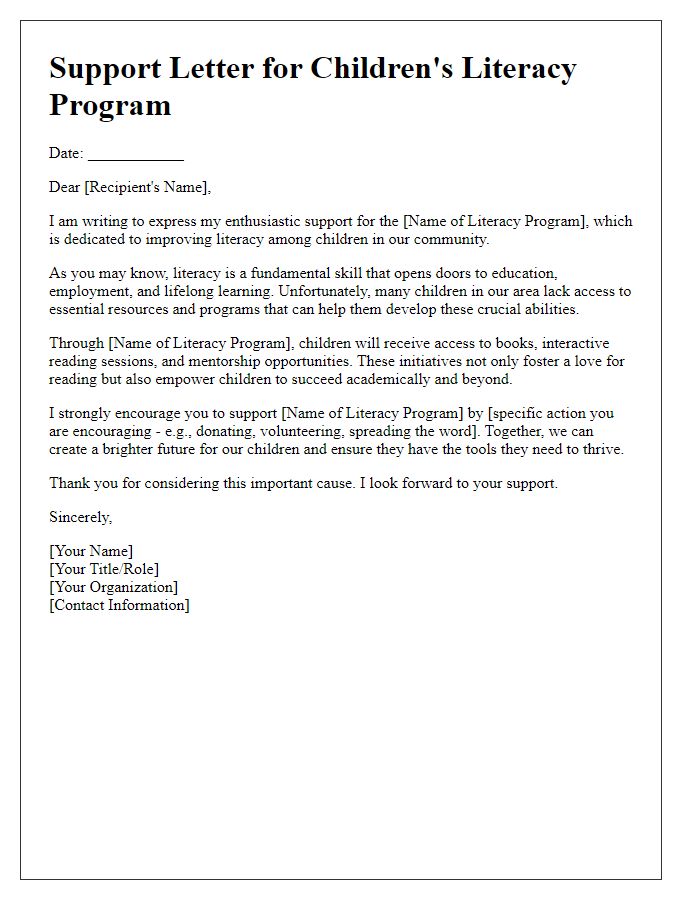 Letter template of a children's literacy program support letter