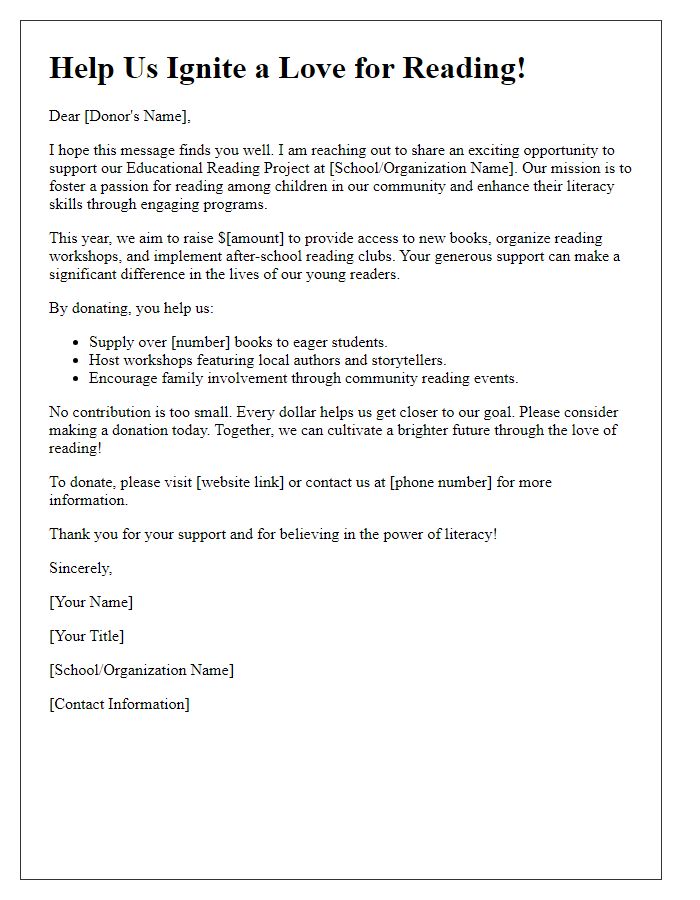 Letter template of an educational reading project fundraising appeal