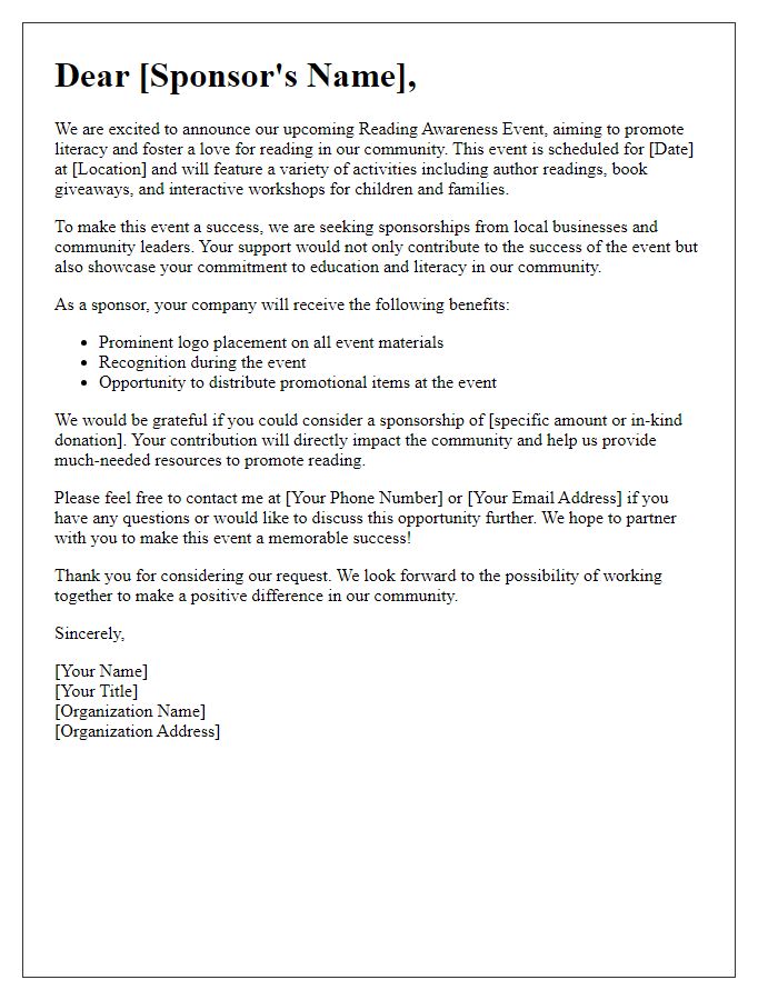 Letter template of a reading awareness event sponsorship letter