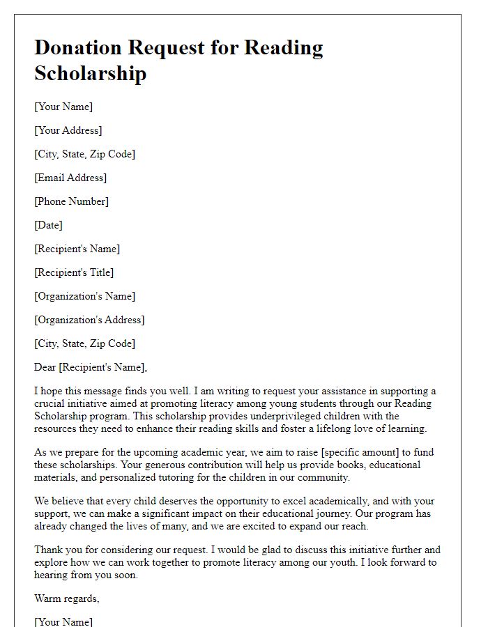 Letter template of a reading scholarship donation request