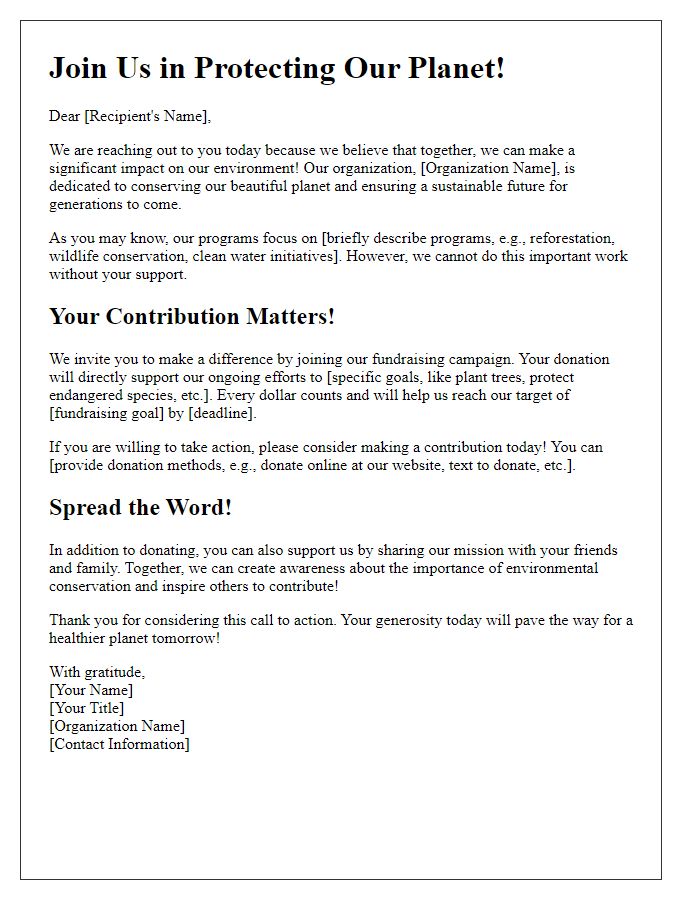 Letter template of call to action for environmental conservation fundraising