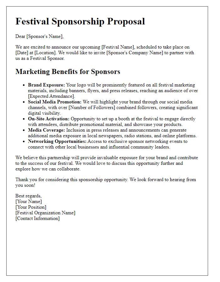 Letter template of festival sponsorship detailing marketing benefits for sponsors