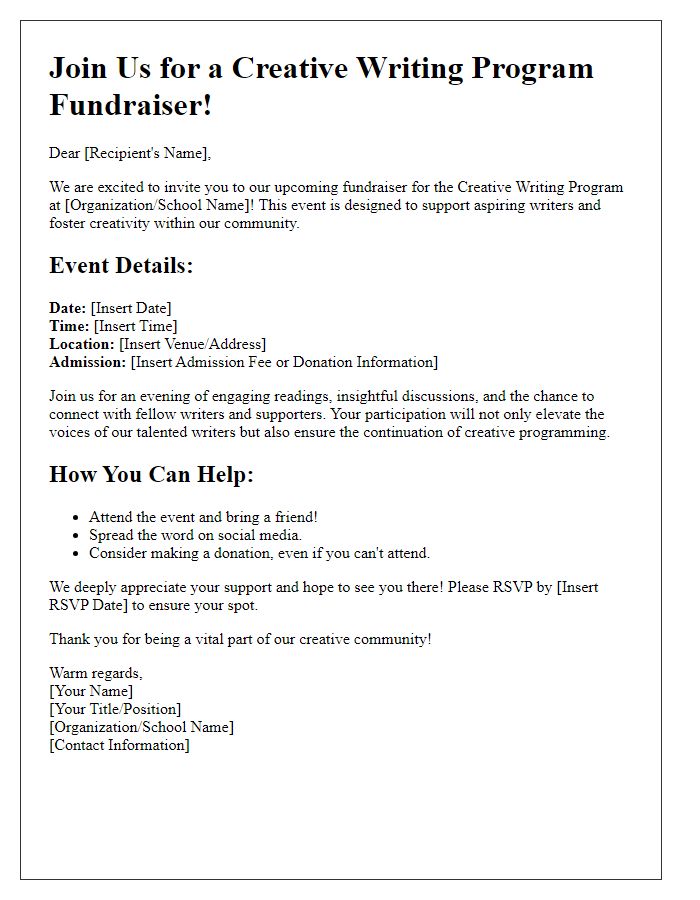 Letter template of event promotion for creative writing program fundraiser