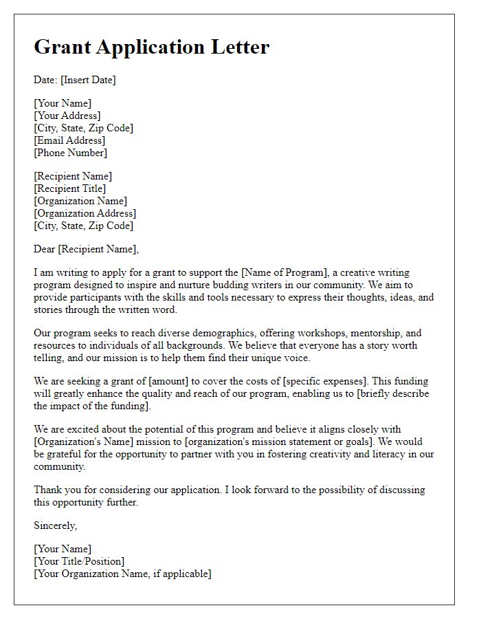 Letter template of grant application for creative writing program fundraising