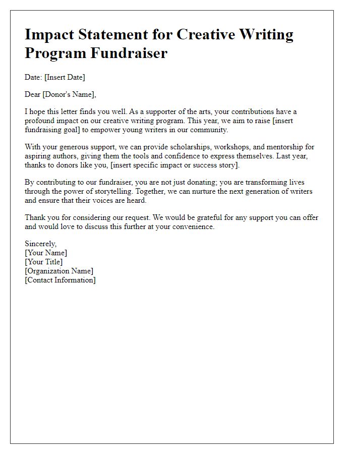 Letter template of impact statement for creative writing program fundraiser