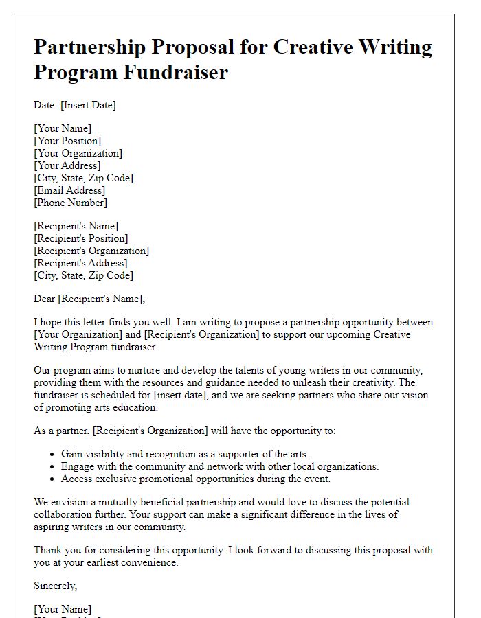 Letter template of partnership proposal for creative writing program fundraiser