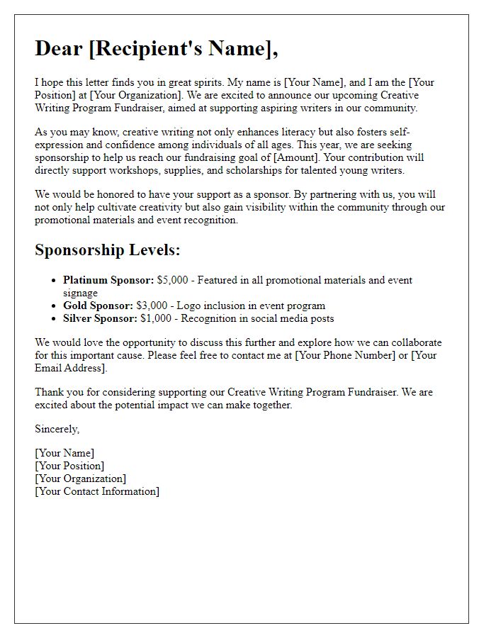 Letter template of sponsorship appeal for creative writing program fundraiser