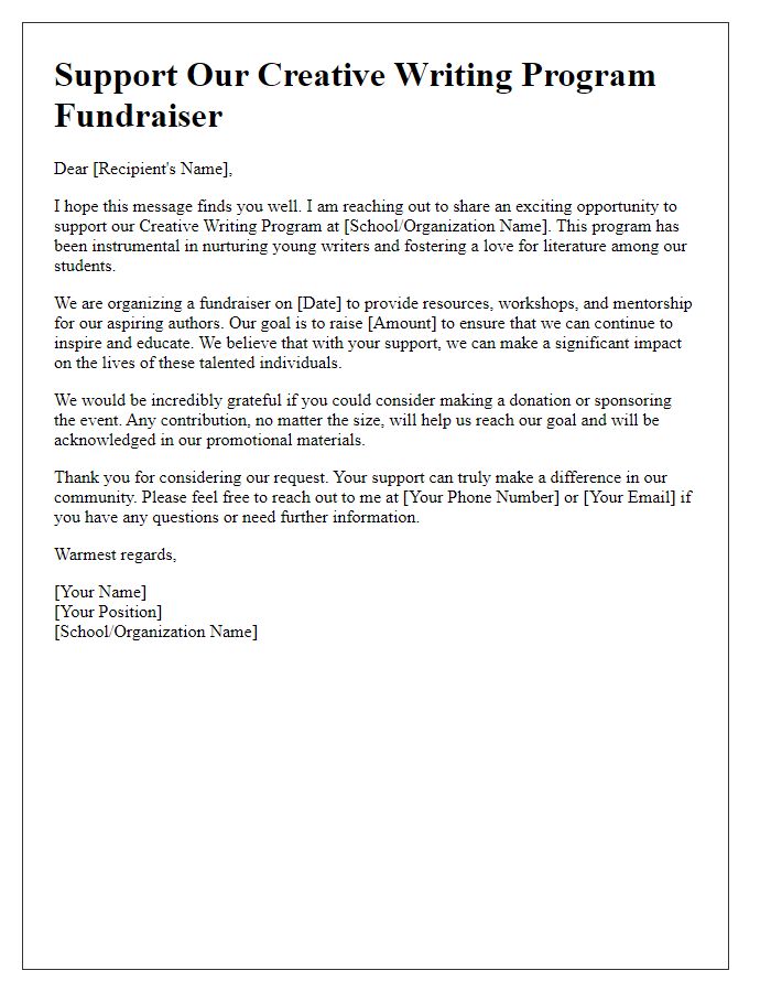 Letter template of support request for creative writing program fundraiser