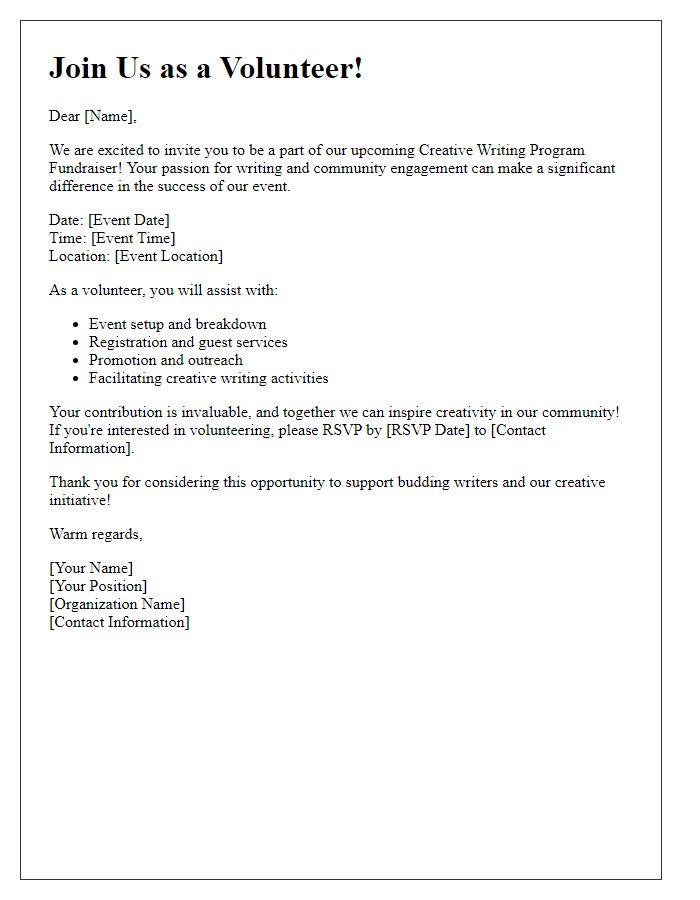 Letter template of volunteer invitation for creative writing program fundraiser