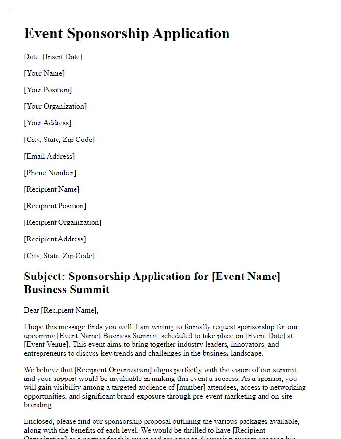 Letter template of event sponsorship application for business summit