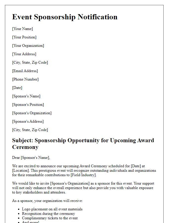 Letter template of event sponsorship notification for award ceremony