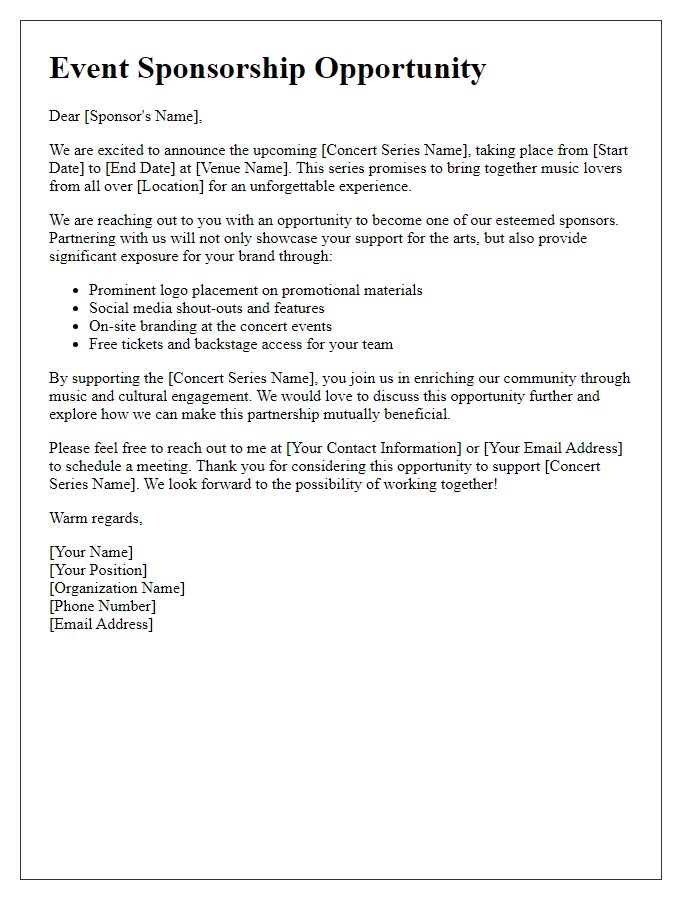 Letter template of event sponsorship outreach for concert series