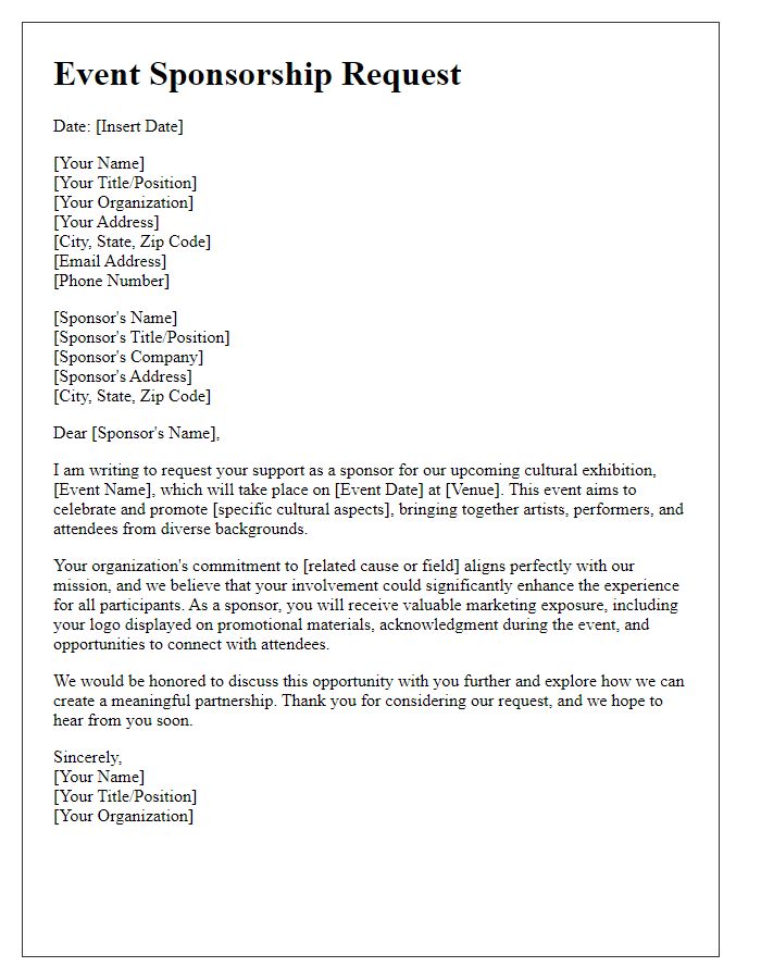 Letter template of event sponsorship request for cultural exhibition