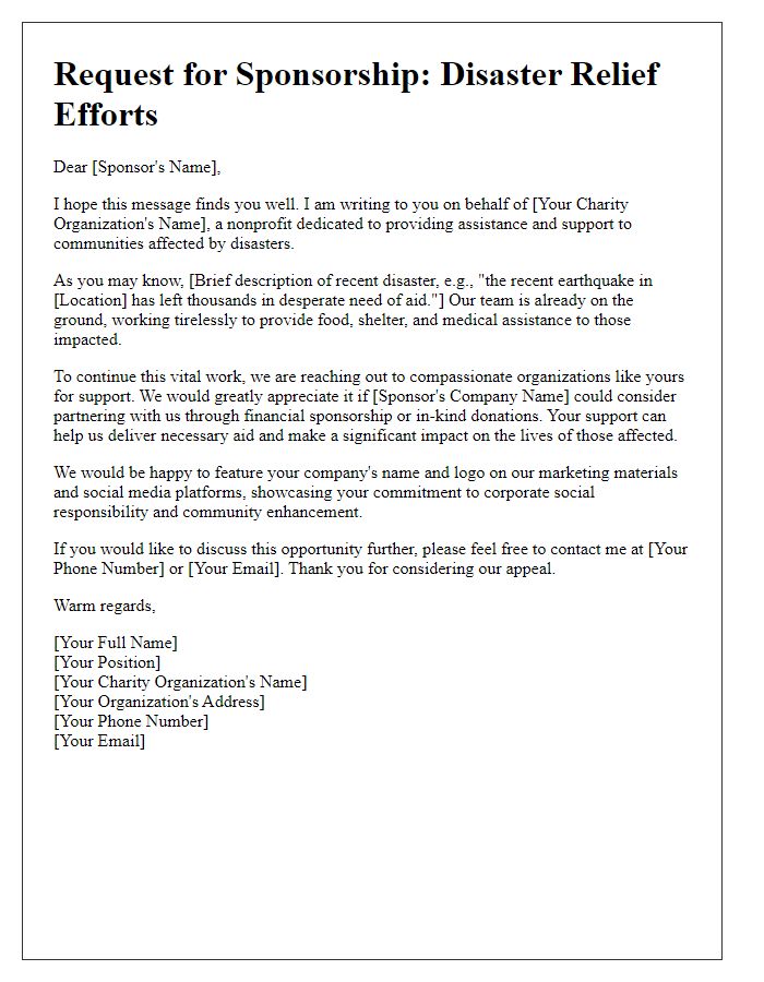 Letter template of charity sponsorship appeal for disaster relief efforts