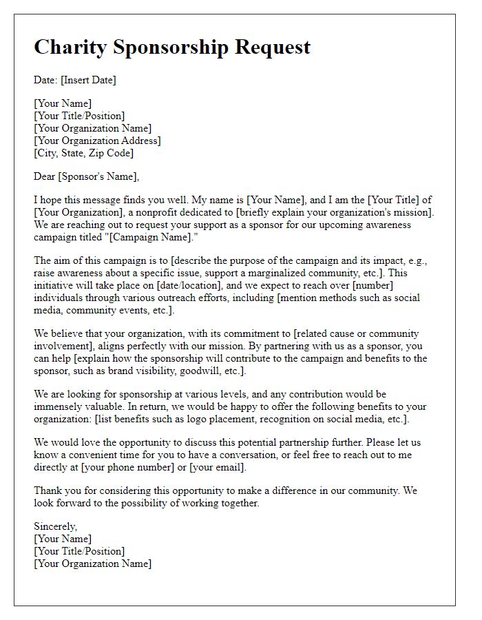 Letter template of charity sponsorship request for awareness campaigns