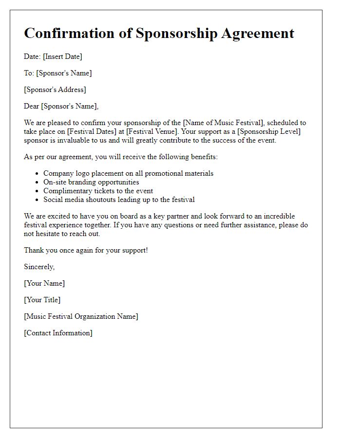 Letter template of confirmation for music festival sponsorship agreement