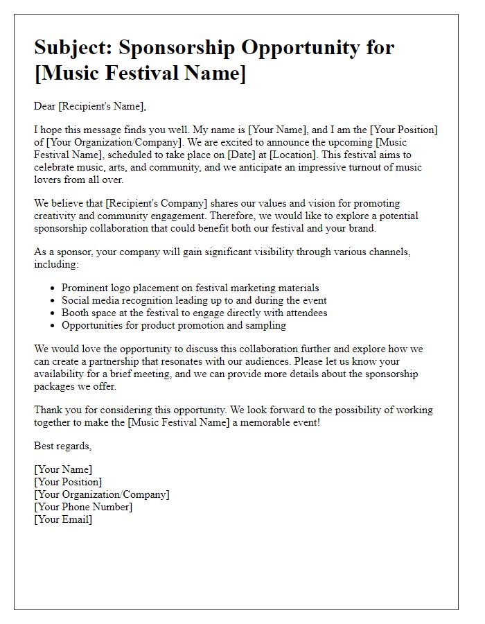 Letter template of outreach for music festival sponsorship collaboration