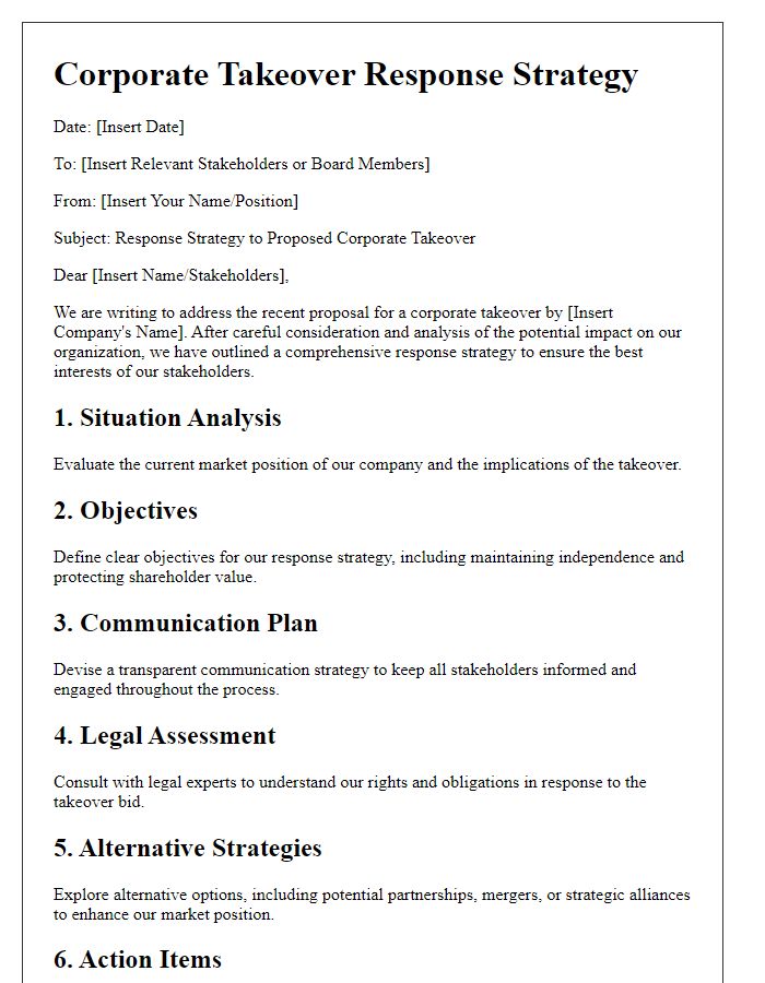 Letter template of corporate takeover response strategy