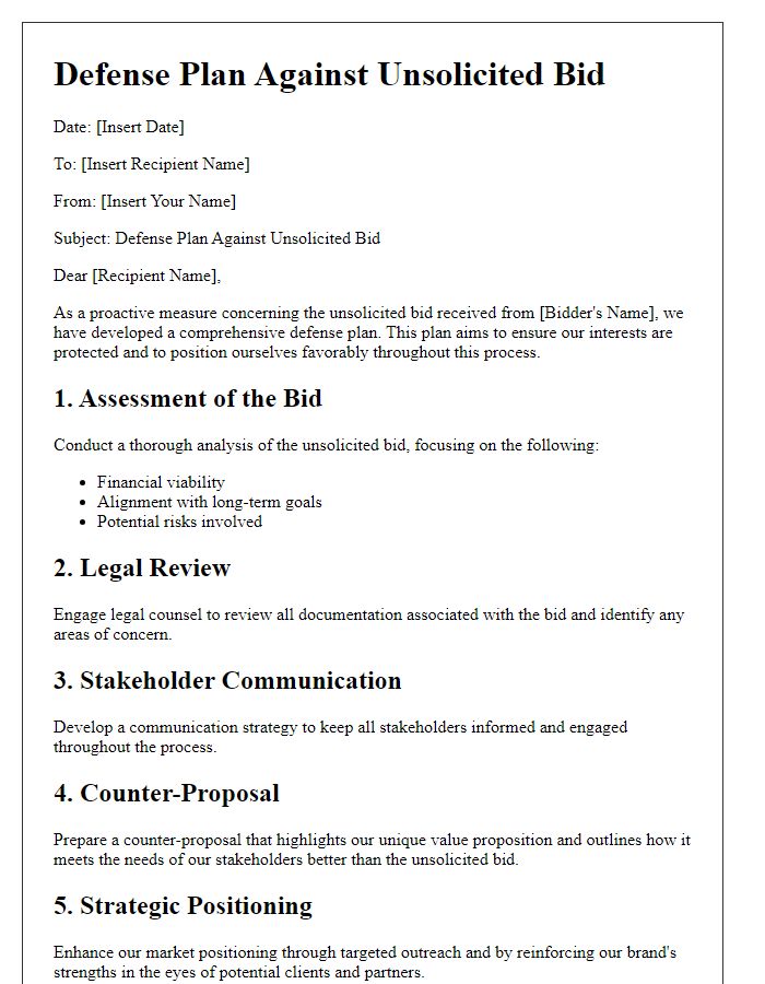 Letter template of defense plan against unsolicited bid