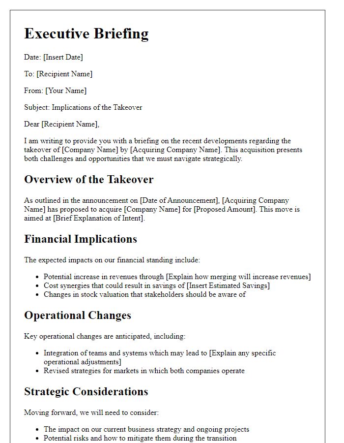 Letter template of executive briefing on takeover implications