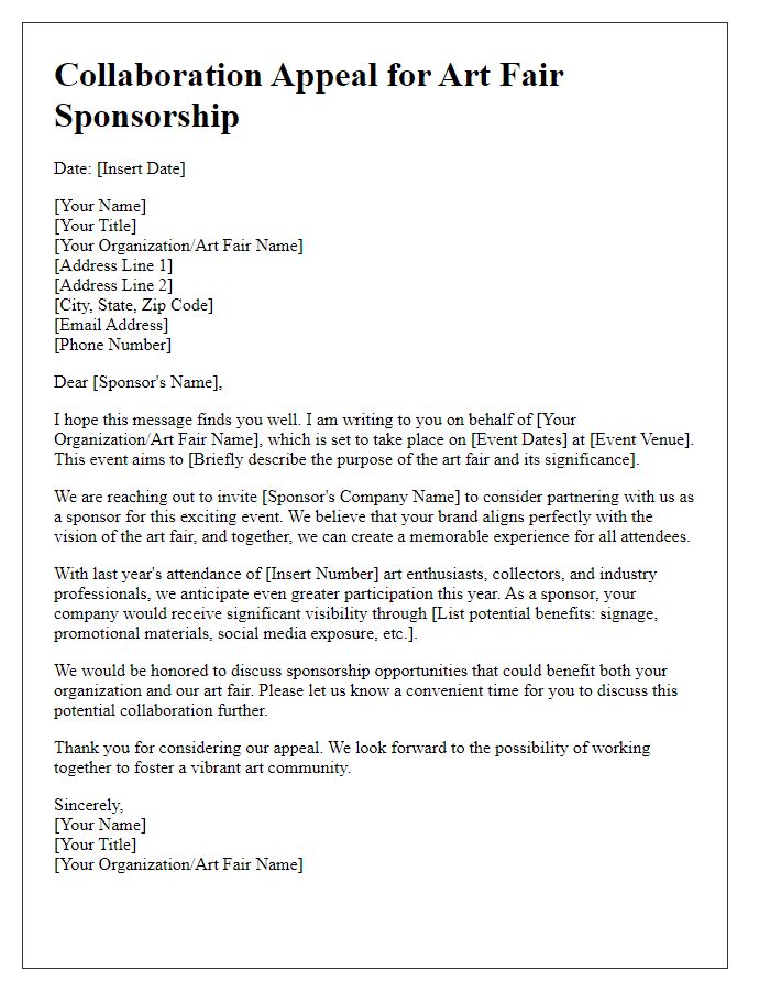 Letter template of collaboration appeal for art fair sponsorship.