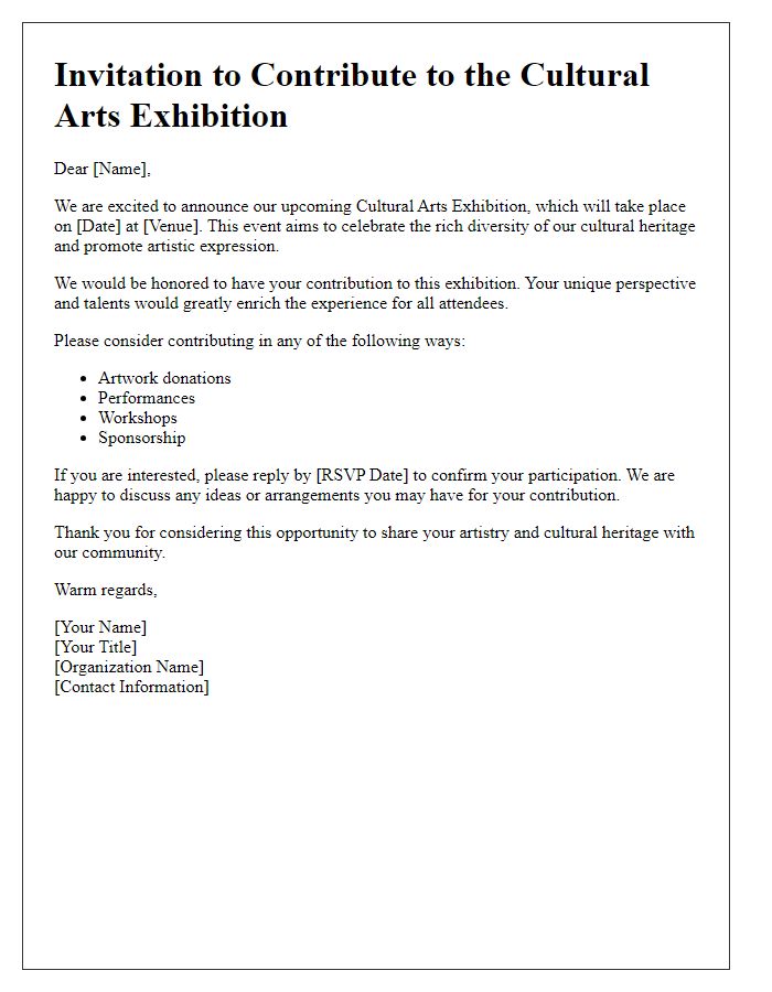 Letter template of contribution invitation for cultural arts exhibition.