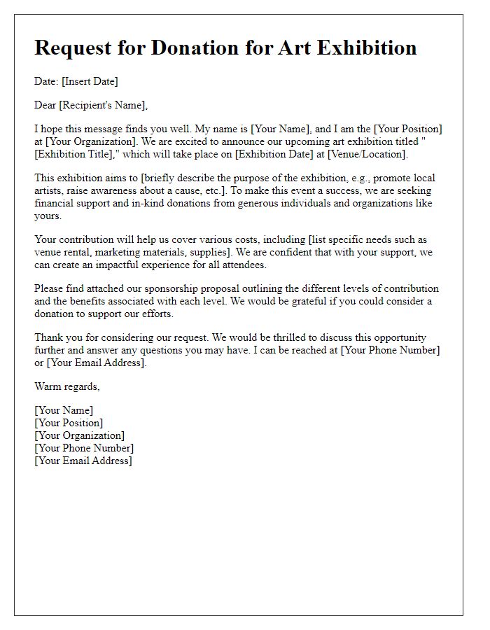 Letter template of donation request for art exhibition support.