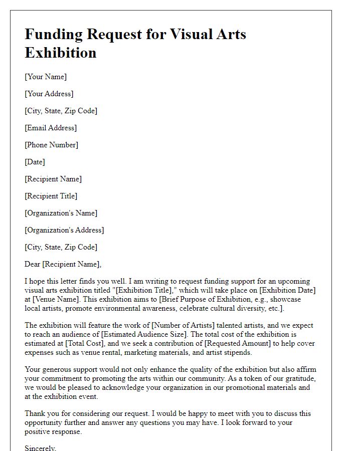 Letter template of funding request for visual arts exhibition.