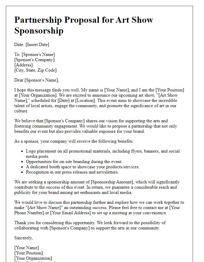 Letter template of partnership proposal for art show sponsorship.