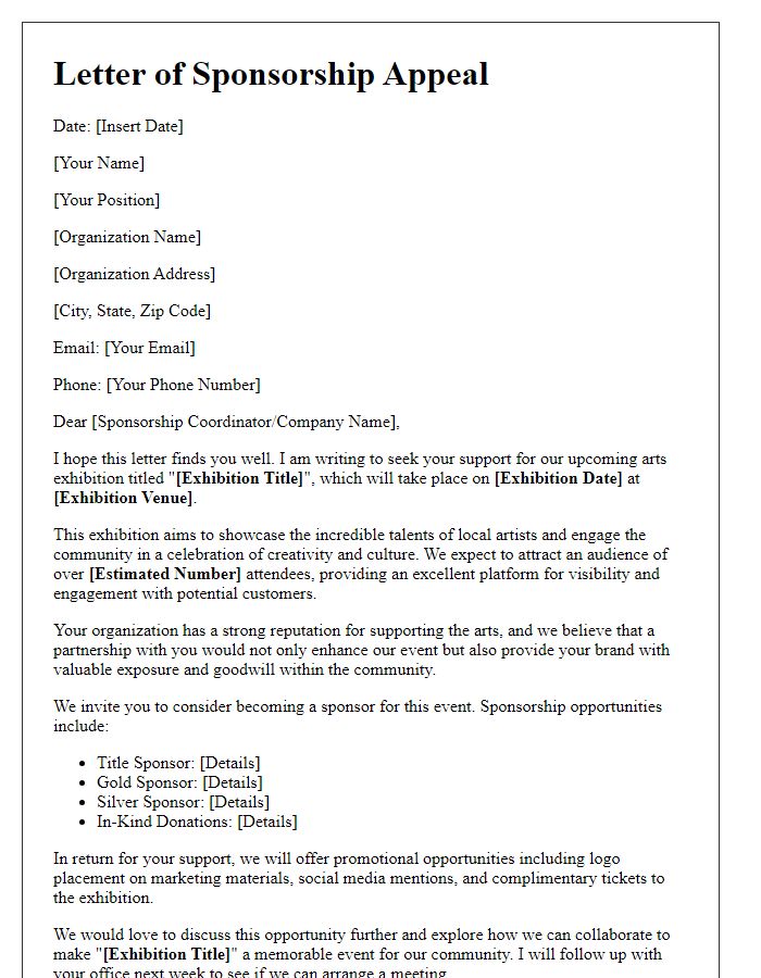 Letter template of sponsorship appeal for arts exhibition.