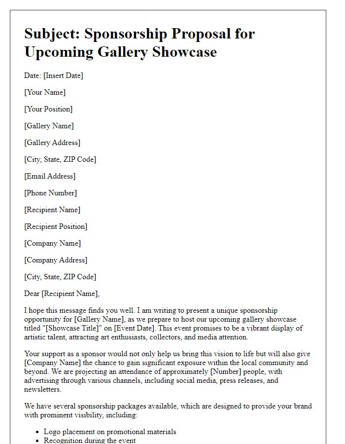 Letter template of sponsorship proposal for gallery showcase.