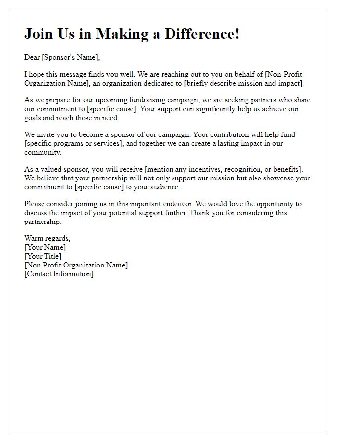 Letter template of non-profit sponsorship appeal for fundraising campaign.