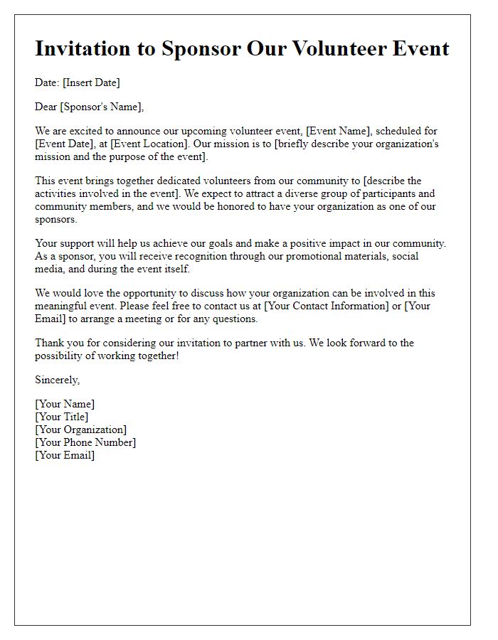 Letter template of non-profit sponsorship invitation for volunteer event.