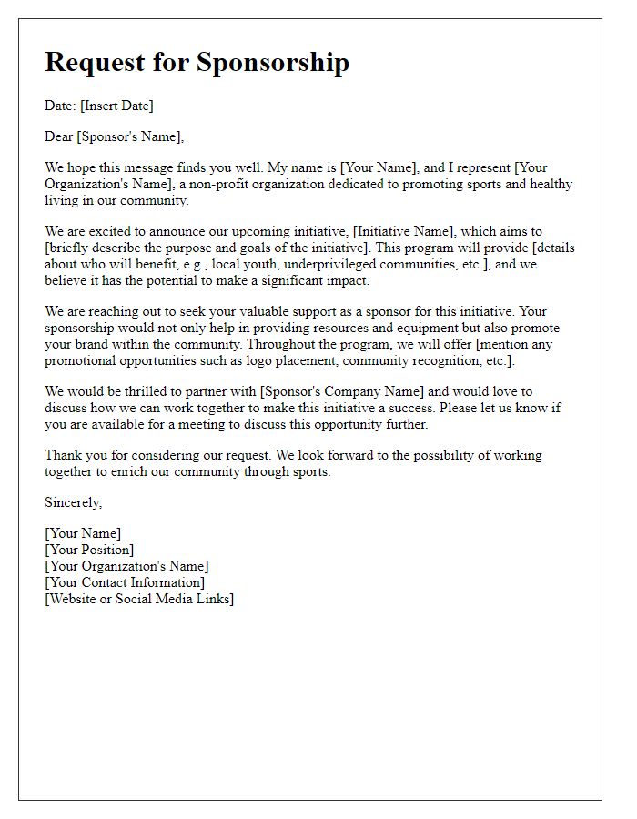 Letter template of non-profit sponsorship outreach for sports initiative.