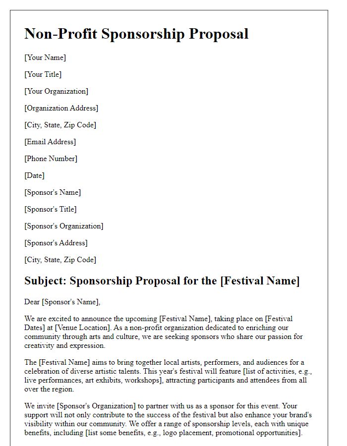 Letter template of non-profit sponsorship proposal for arts and culture festival.