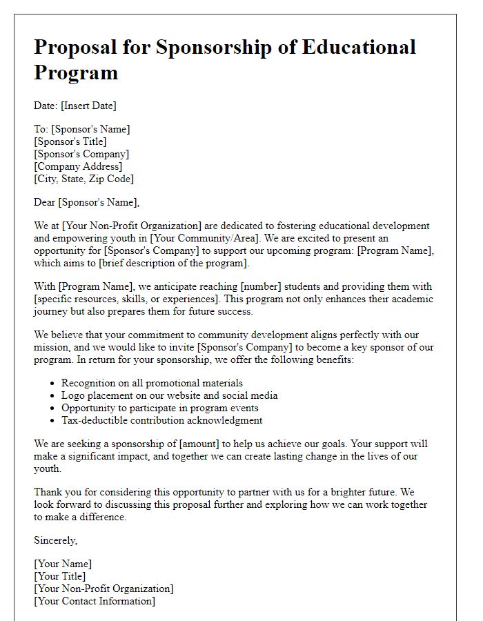 Letter template of non-profit sponsorship proposal for educational program.