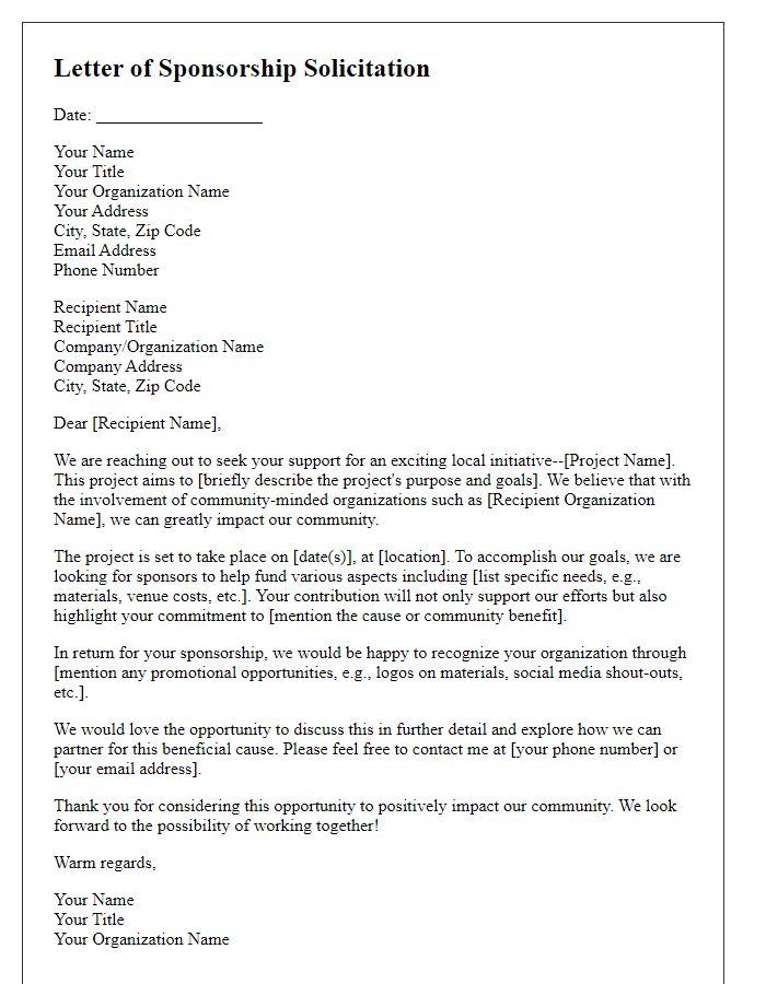 Letter template of non-profit sponsorship solicitation for local project.