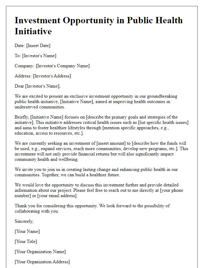 Letter template of investment opportunity for a public health initiative